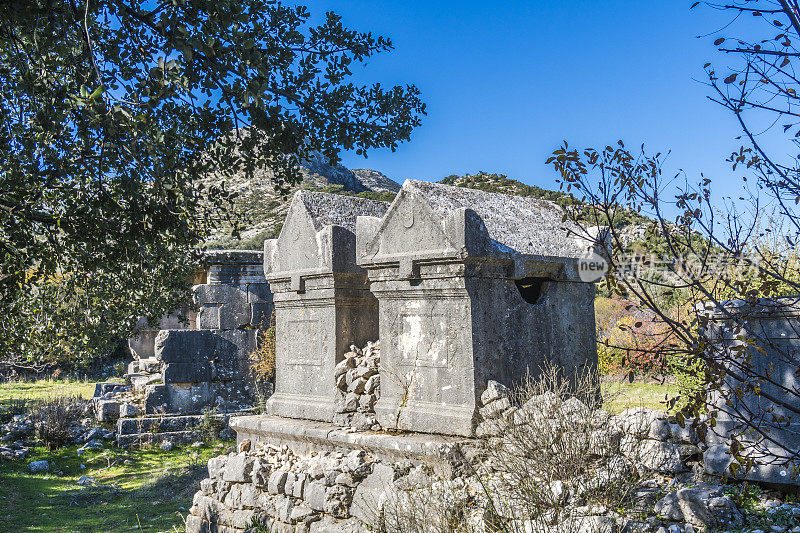 来自Dodurga村的Sidyma古城。Fethiye, Mugla，土耳其。